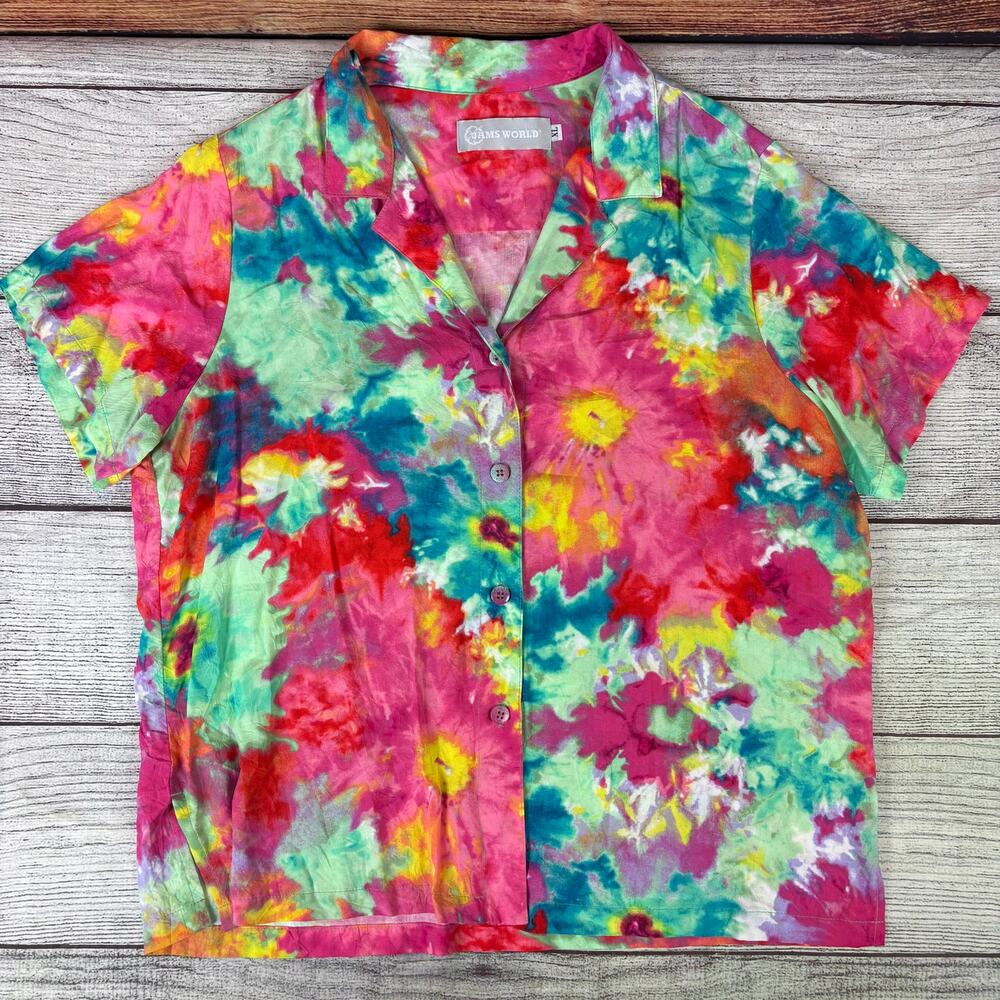 Vintage Jams World 100% Rayon Multicolor Hawaiian Style Button Up Shirt